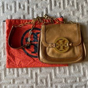 Brown Leather Tory Burch Crossbody with Chain & Metal Medallion Logo Closure